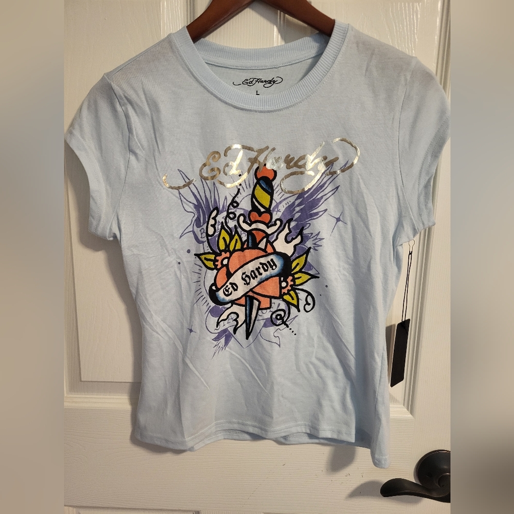 NWT Ed Hardy Dagger Baby Tee shirt Juniors size Large Light Blue